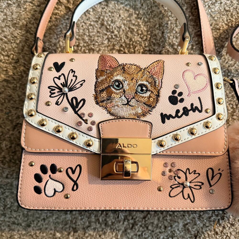 ALDO Lilopaw Cat Crossbody Top Handle Purse Pink Sequins RARE - Picture 2 of 8